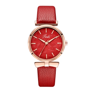 Fashion women's quartz watch with red leather strap and leaf pattern dial in rose gold case