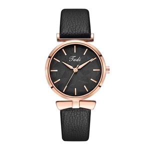 Fashion women quartz watch with black leather strap and rose gold leaf pattern dial