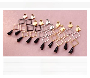 Detail view of geometric titanium steel earrings in gold, rose gold, and steel finishes