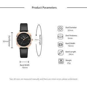 Size chart showing 32mm dial and 6mm ultra-thin case for this minimalist leather watch