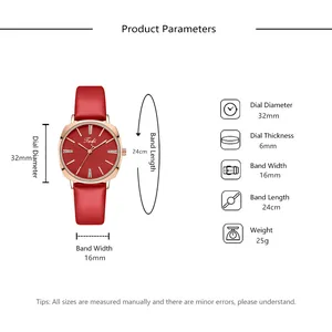 Detailed size chart for minimalist women's quartz watch with red leather strap