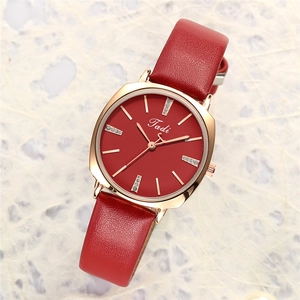 Minimalist square red leather strap watch with diamond markers and rose gold case