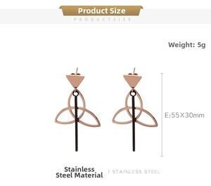 Detail view of rose gold geometric drop earrings with dimensions 55x30mm and weight 5g