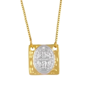 Hammered gold square pendant necklace with silver Saint Benedict medal on box chain