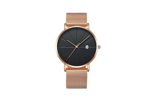 Detail view of rose gold mesh band watch with black sunburst dial and calendar window