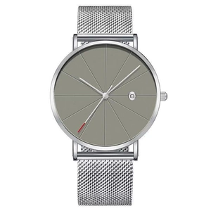 Minimalist men's mesh watch with grey sunburst dial and date display in silver steel