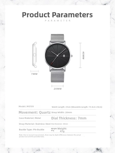 Detailed dimensions of 40mm minimalist quartz watch with stainless steel mesh band