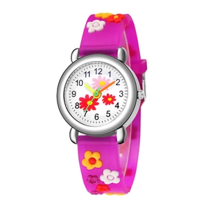 Detailed view of children's purple quartz watch with 3D embossed flowers and silver case