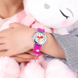 Children's watch with purple 3D flower silicone strap and white dial for girls