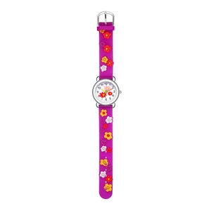 Detailed view of children's purple watch with 3D embossed flowers and soft silicone strap