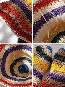 Detailed views of multi-color crochet sun hat with folding design and woven textures