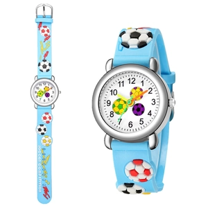 Children's blue soccer watch with 3D embossed football pattern and quartz dial
