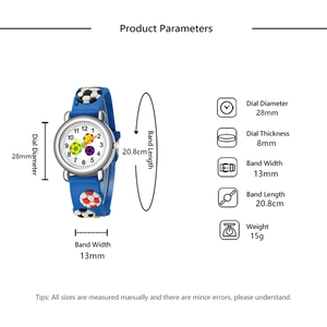 Detailed size chart for blue football kids watch with dial and band dimensions