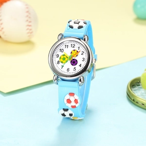 Kids sports watch with 3D embossed football pattern on blue silicone strap for boys