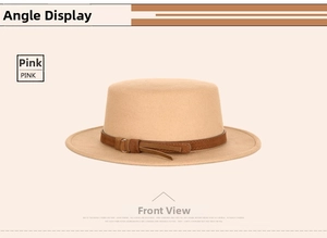 Front view of flat top wool fedora hat in dusty pink with brown leather buckle band