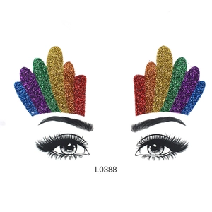 Detail view of rainbow glitter eye sticker L0388 featuring feather shapes on white background