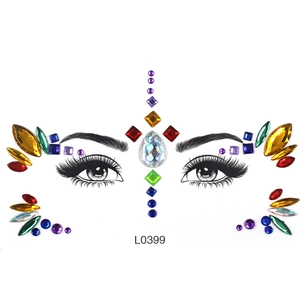 Close-up of colorful rhinestone face gems in drop and diamond shapes, model L0399