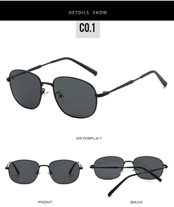 Three-way view of retro black oval metal sunglasses with dark gray lenses