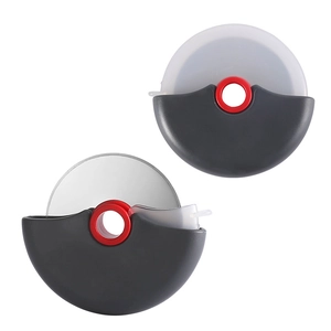 Gray pizza cutter wheel with red ring and stainless steel blade featuring protective cover