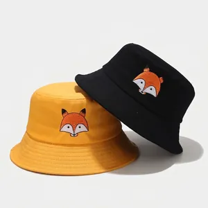 Chapeau Bob Brodé Renard Coton Toile Protection Solaire Extérieure Bord Large Pour Femmes Et Étudiants Style Décontracté