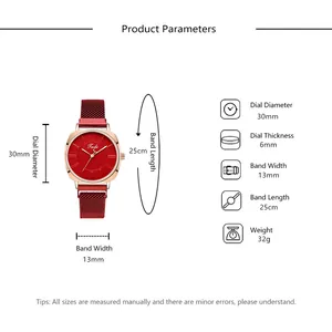 Spécifications détaillées de la montre en maille pour femme avec dimensions et poids