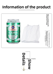 Detailed size comparison of white mesh sink strainer bag next to a standard 330ml can