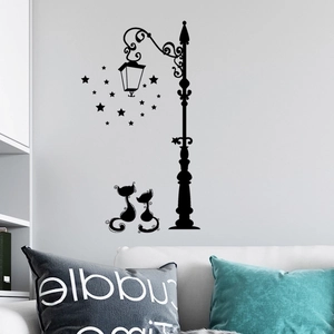 Black silhouette wall sticker featuring a vintage street lamp and cats for home decor