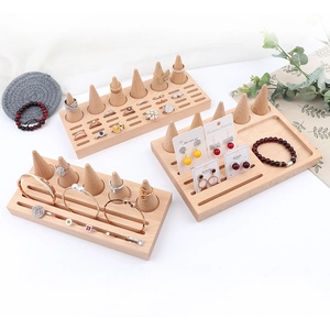 Beech Wood Jewelry Display Stand With Conical Ring Cones And Slots For Earring Cards Countertop Organizer Tray