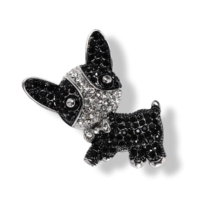 Detailed macro shot of French Bulldog brooch with black and white rhinestones