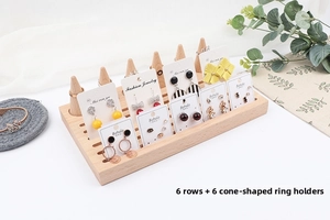 Wooden jewelry display stand featuring 6 ring cones and 6 earring card slots