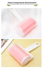 Close-up of washable lint roller with pink silicone drum cleaning white knit fabric surface
