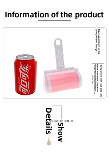 Washable pink lint roller with white handle showing size comparison to a soda can