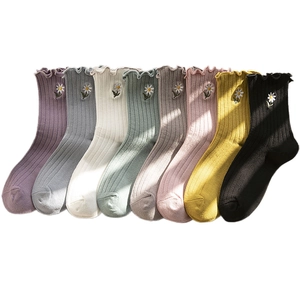 8-pack women's cotton socks with sweet ruffle edges and daisy embroidery in multi colors