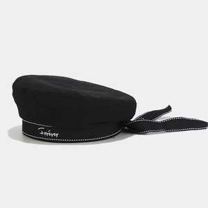 Fashionable black cotton beret with white ribbon bow and Forever letter embroidery