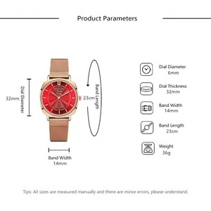 Tableau des tailles pour montre quartz femme avec bracelet en maille rose doré et cadran rouge