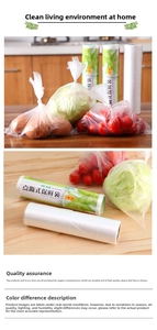 Macro shot of 100-count PE food storage bags on a roll holding fresh vegetables