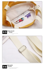 Detail of yellow corduroy bag showing internal zip pocket and adjustable strap buckle