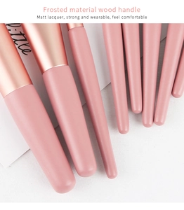 Detail of pink matte wooden handles and rose gold ferrules of a makeup brush set