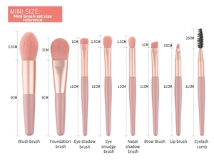 Detailed dimension chart showing mini travel makeup brush set sizes and measurements