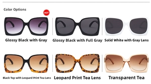 Collection of oversized square sunglasses in black, white, leopard, and tea gradient colors