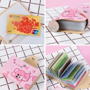 Pink cartoon PU leather card holder with multiple slots and snap button closure
