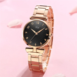 Fashion Women Quartz Watch Rose Gold Alloy Stainless Steel Band Round Radial Pattern Analog Dial Arabic Numerals Elegant