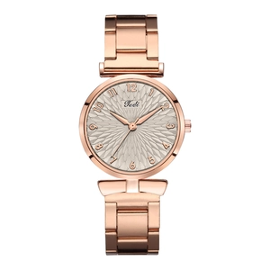 Detail of rose gold women's watch with radial pattern dial and steel strap