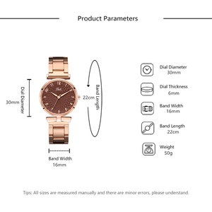 Detailed size specification for women's rose gold quartz watch with dimensions