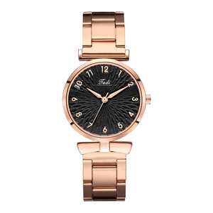 Women's rose gold steel watch with black dial and minimalist Arabic numerals