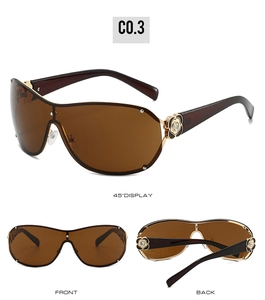 Detailed views of shield sunglasses featuring gold frame and camellia flower hinge detail