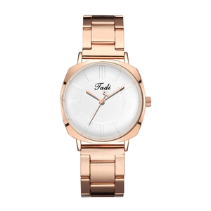 Minimalist women's rose gold watch with white dial and polished alloy steel band