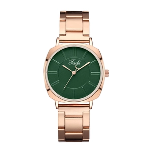 Detailed close-up of a women's quartz watch with dark green dial and rose gold metal band