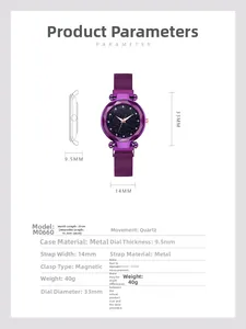 Detailed technical diagram of starry purple quartz watch with magnetic band and dimensions