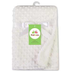 Soft white double-layer minky baby blanket with 3D bubble texture and decorative ribbon